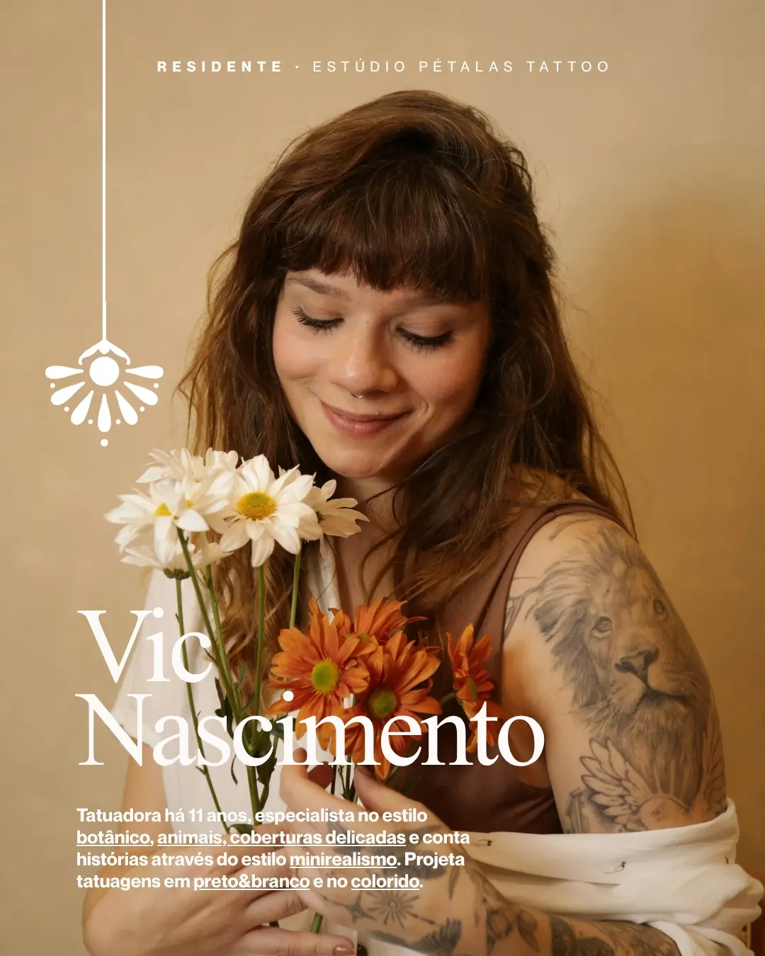 Card de apresentação de Vic Nascimento, tatuadora residente do Pétalas