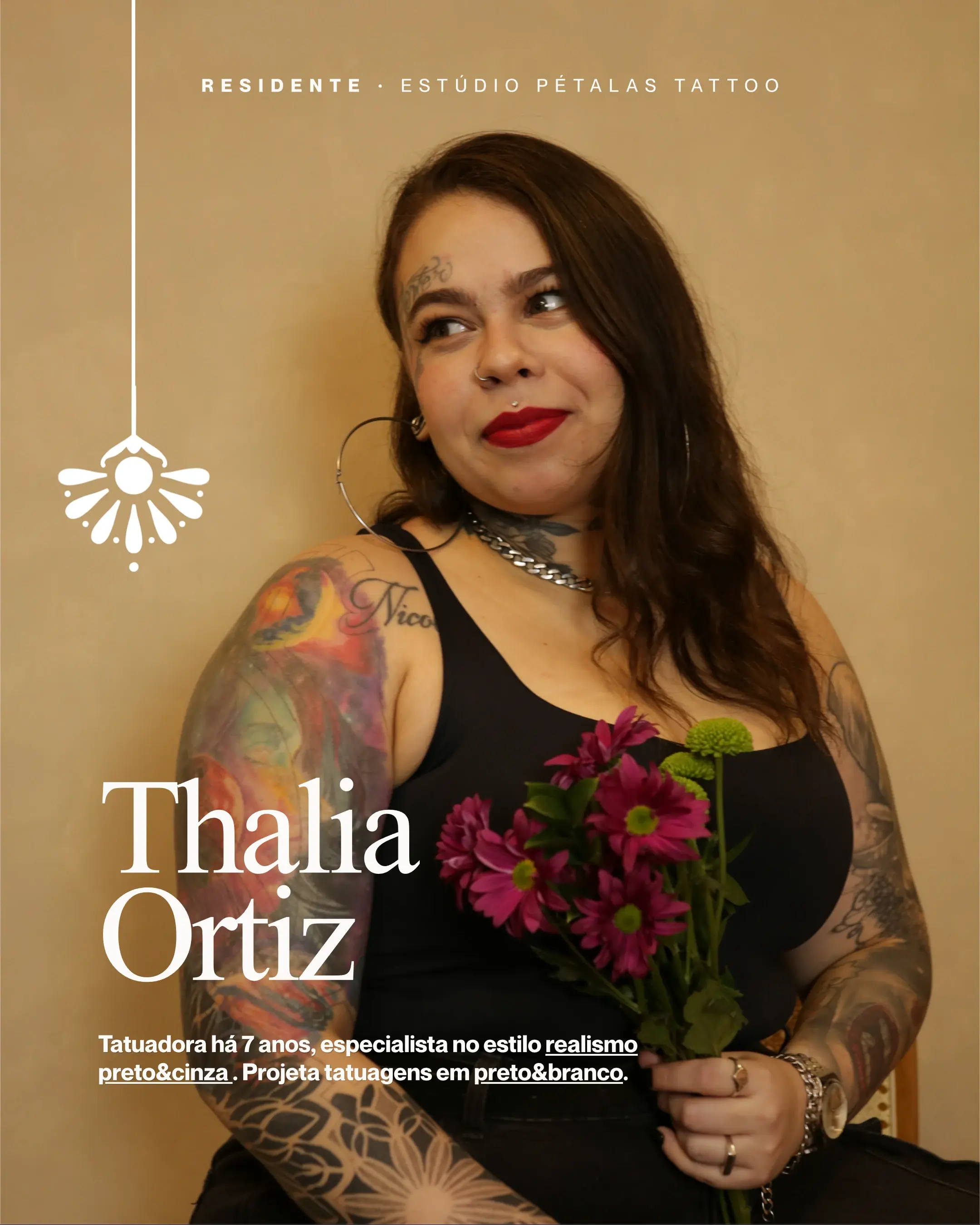 Card de apresentação de Thalia Ortiz, tatuadora residente do Pétalas