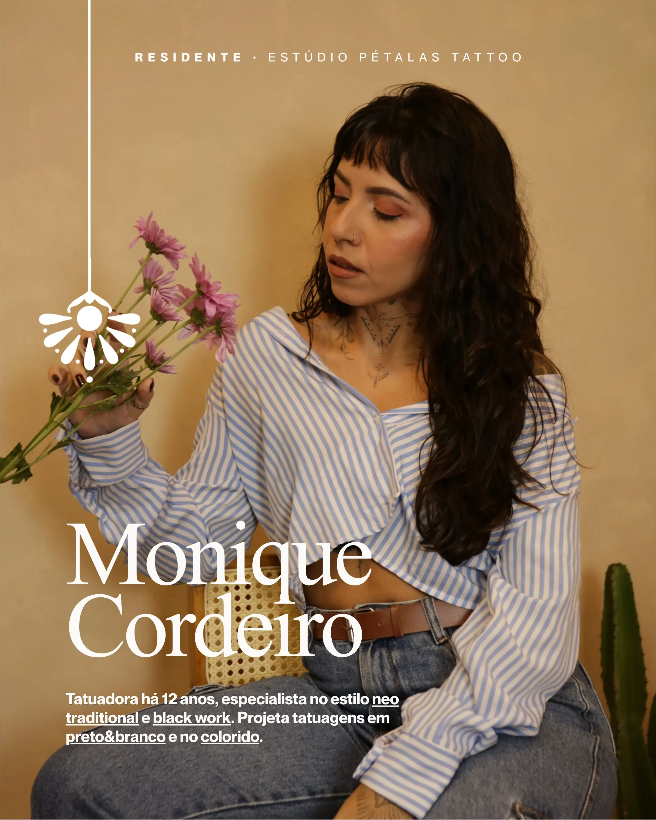 Card de apresentação de Monique Cordeiro, tatuadora residente do Pétalas