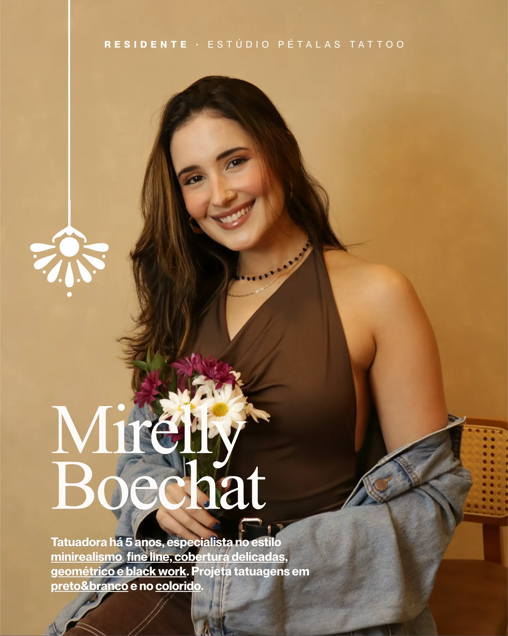 Card de apresentação de Mirelly Boechat, tatuadora residente do Pétalas