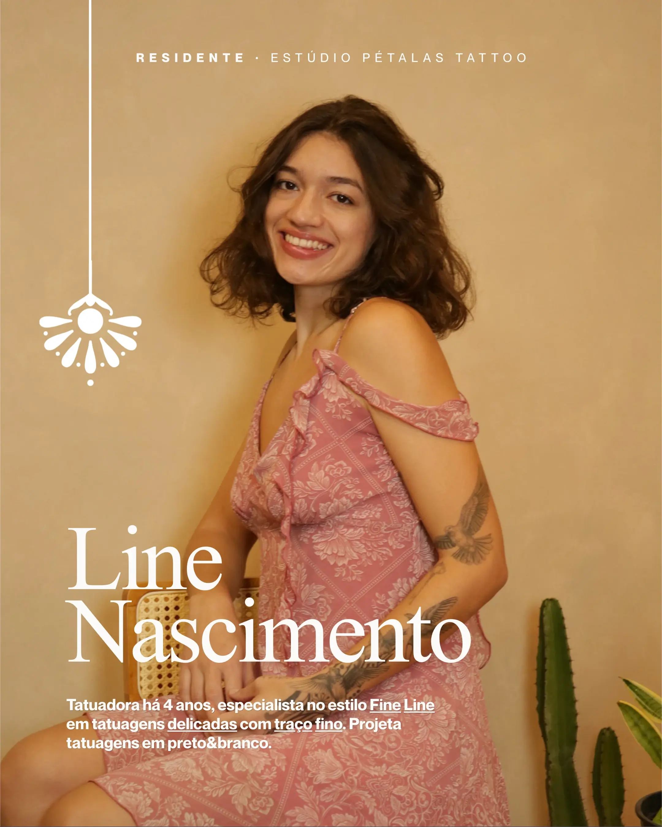 Card de apresentação de Line Nascimento, tatuadora residente do Pétalas